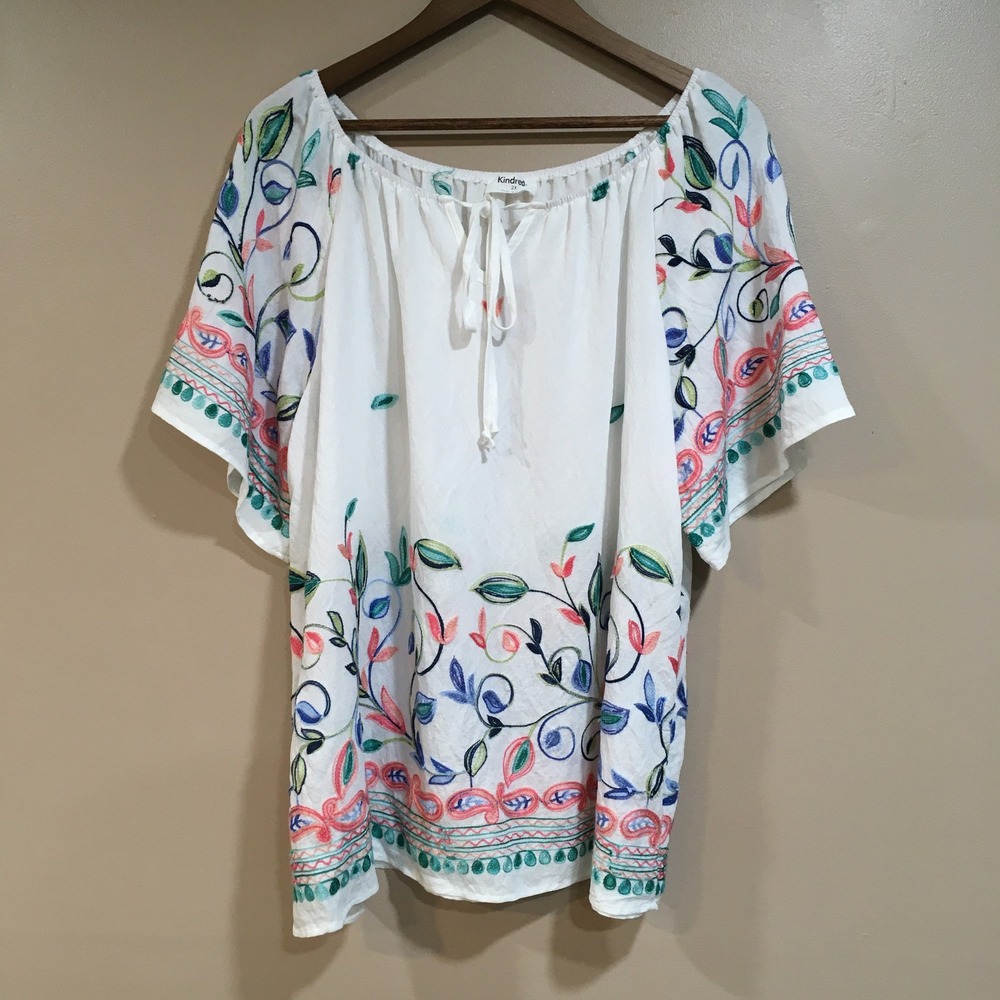 Anthropologie Kindred Floral Embroidered Peasant Blouse Women 2X White Boho Airy